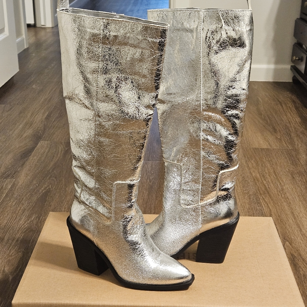 Steve Madden Seven Silver Metallic Leather Knee High Boots 7.5 - Picture 5 of 15